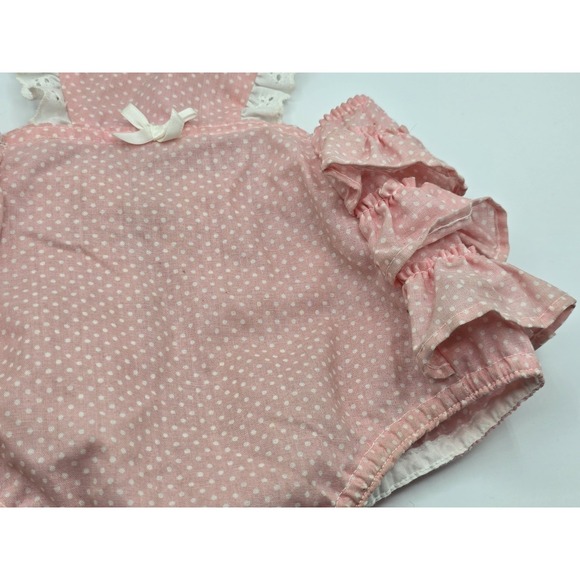 VTG Girls PINK GINGHAM RUFFLED Overall Romper Shorts Bib 12 mos 70s PLAID - Picture 4 of 11